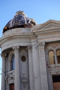 Guaymas 1900s era bank building columns, cornices and dome, in disrepair.