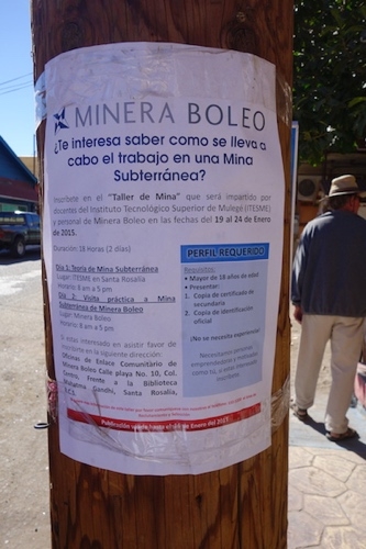 Hiring sign for Minera Boleo on telephone pole