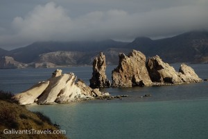 Jagged eroded small island and peninsula in the bay called San Juanico.