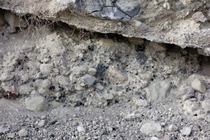 eroded soil layer with black specks of obsidian