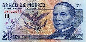 The most used piece of currency in Mexico is the 20-peso note featuring Benito Juarez. It's plastic, not paper, with secret codes embedded.