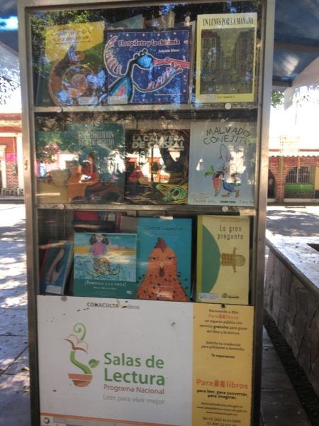 Tall glass case displaying books, with a sign saying, free, help yourself.